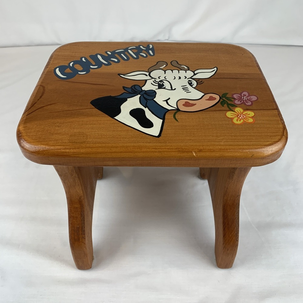 Vtg Hand Painted Country Themed Dairy Cow Design Solid Wood Foot Stool